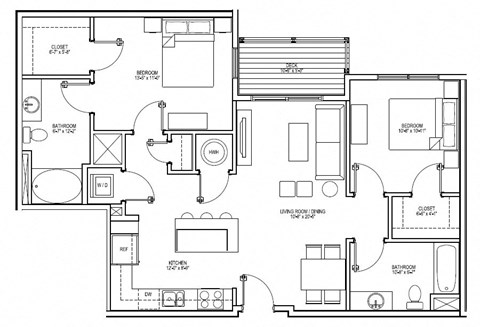 Floor plan for 2 beds, 2 baths, 1062 sqft
